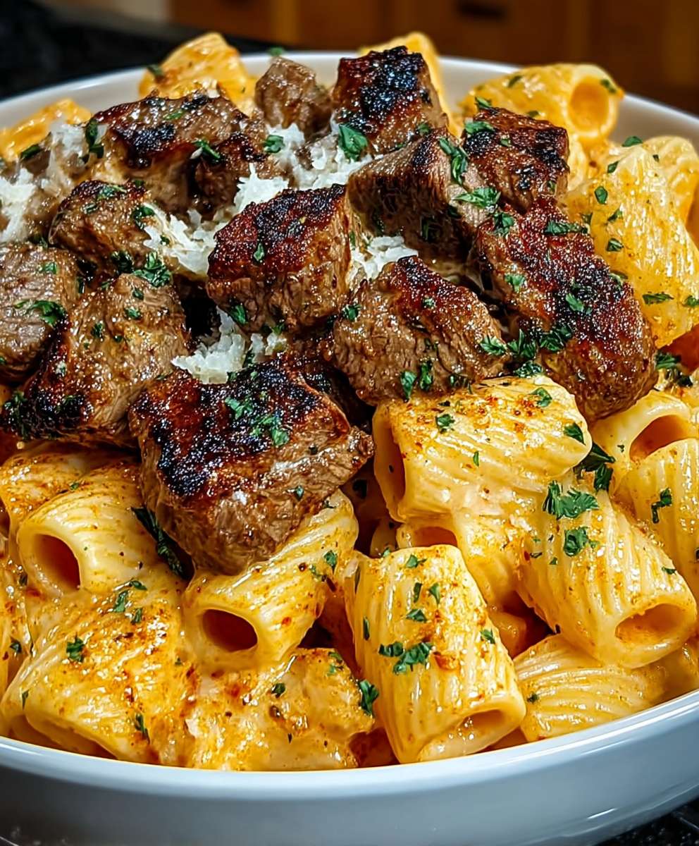 Cajun Steak Tips in Cheesy Parmesan Rigatoni Sauce – Creamy Spicy Dinner Recipe image 2